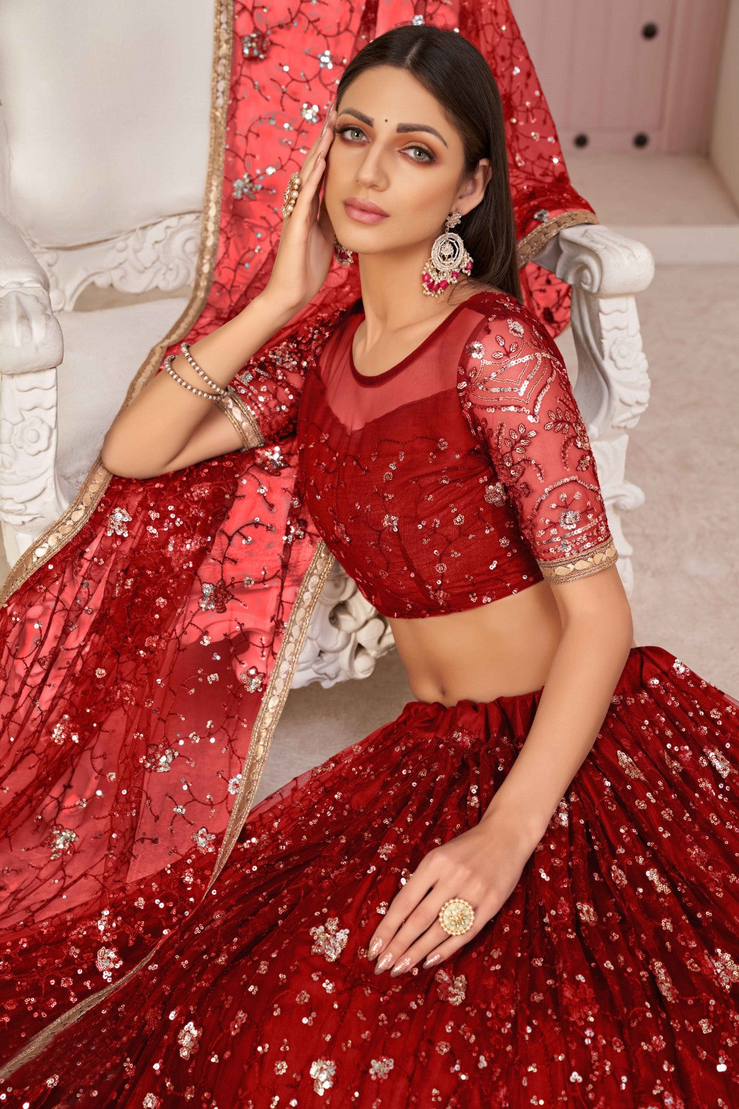 Women's Red Net Thread Embroidery Lehenga Set - Gruhnaree