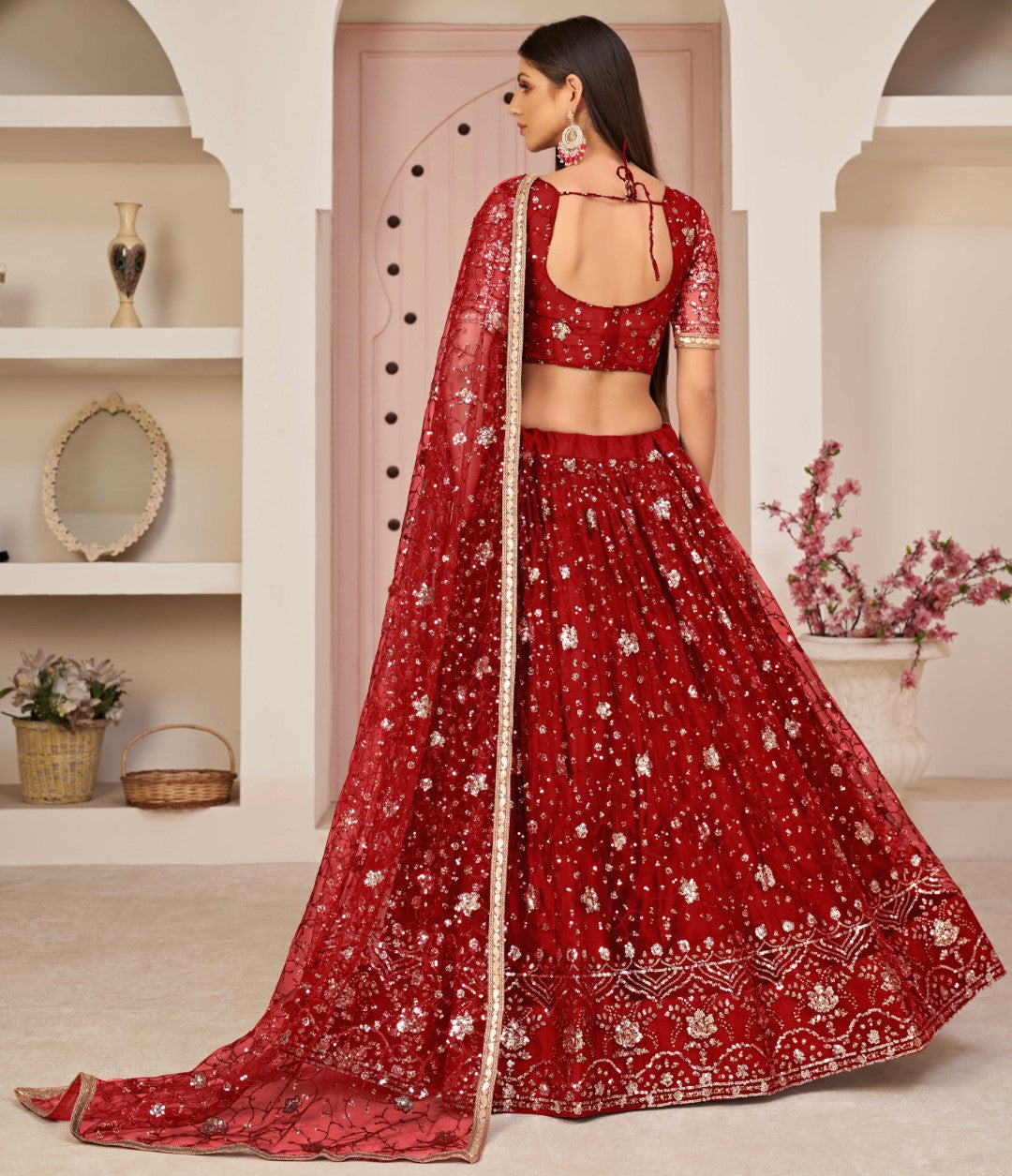 Women's Red Net Thread Embroidery Lehenga Set - Gruhnaree