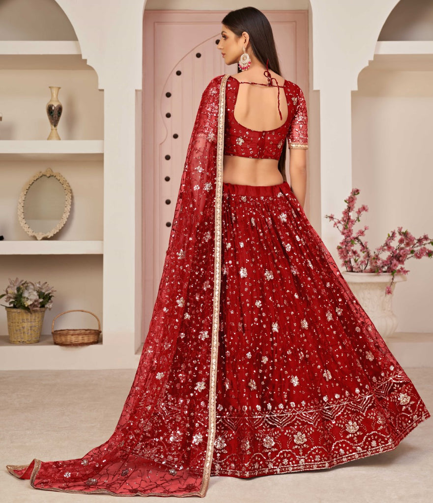 Women's Red Net Thread Embroidery Lehenga Set