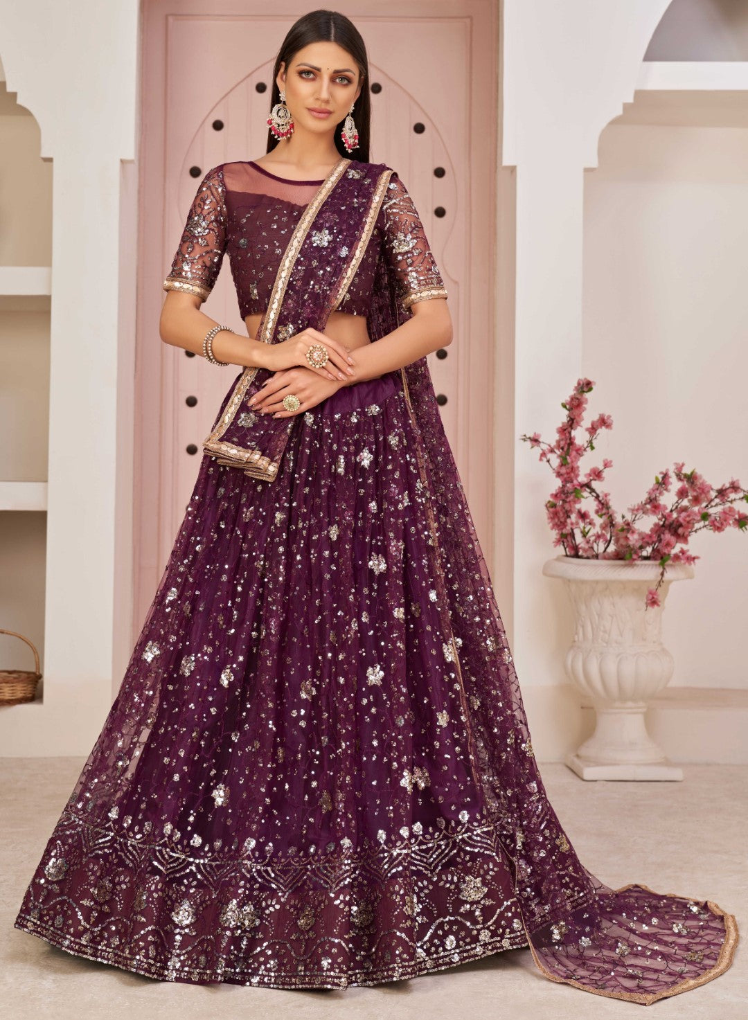 Women's Violet Net Thread Embroidery Lehenga Set - Gruhnaree