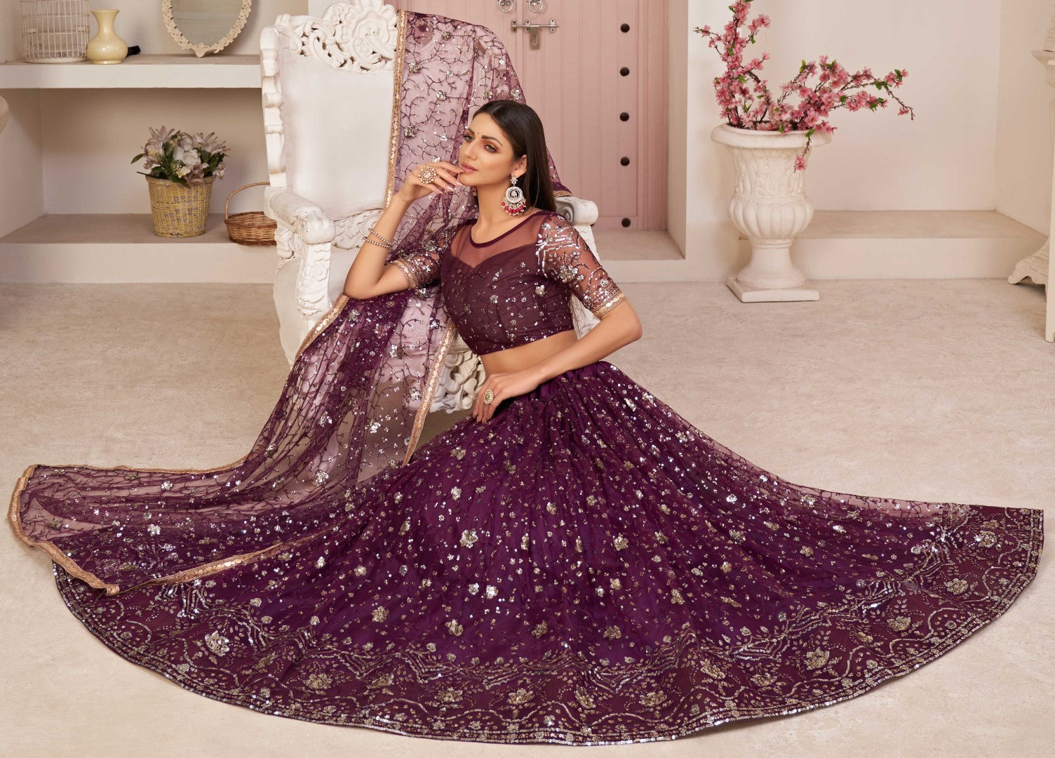 Women's Violet Net Thread Embroidery Lehenga Set - Gruhnaree