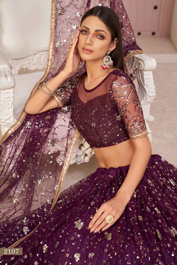 Women's Violet Net Thread Embroidery Lehenga Set