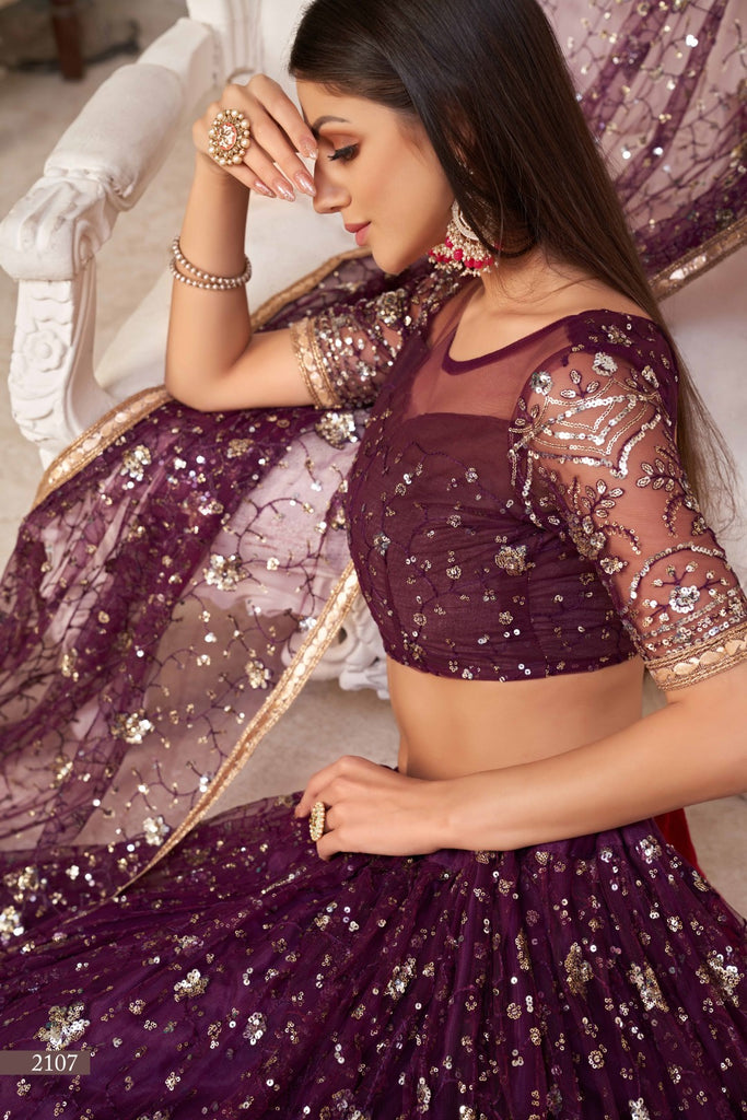 Women's Violet Net Thread Embroidery Lehenga Set
