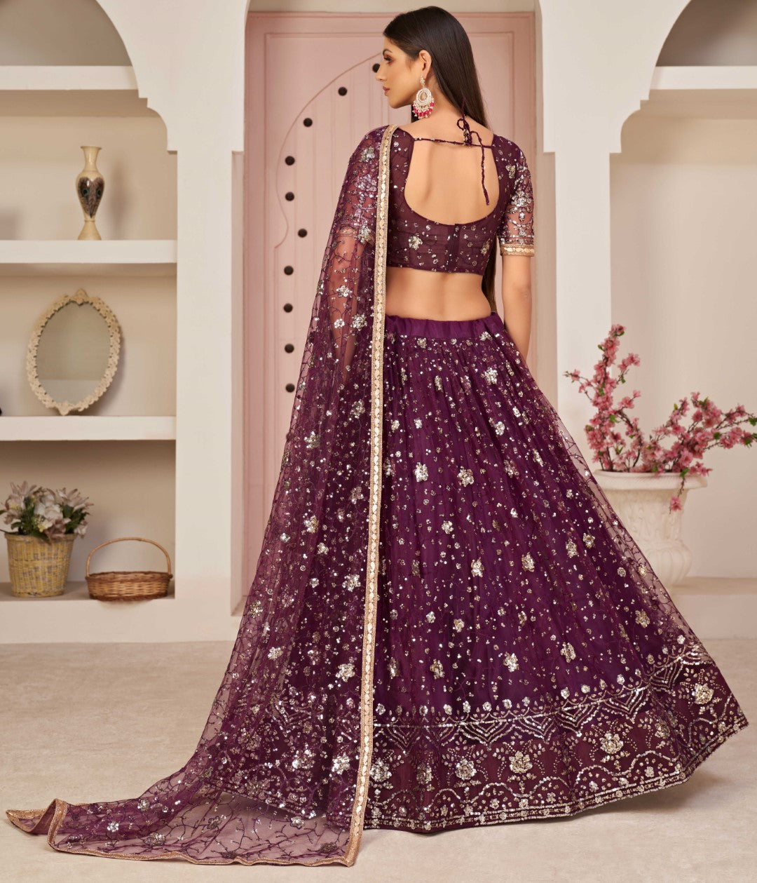 Women's Violet Net Thread Embroidery Lehenga Set - Gruhnaree