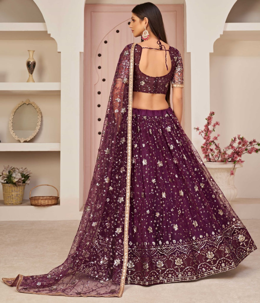 Women's Violet Net Thread Embroidery Lehenga Set