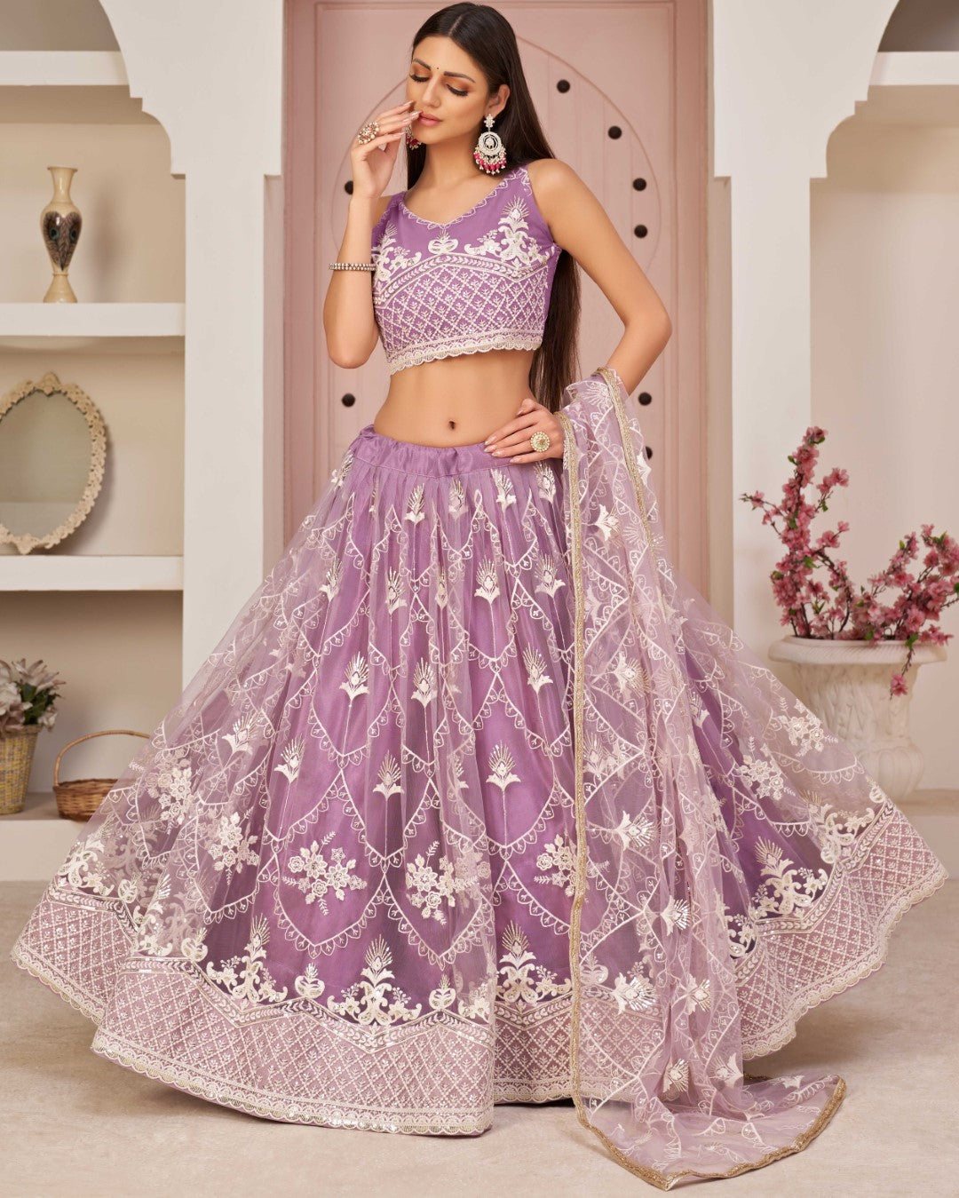 Women's Light Lavender Net Thread Embroidery Lehenga Set - Gruhnaree