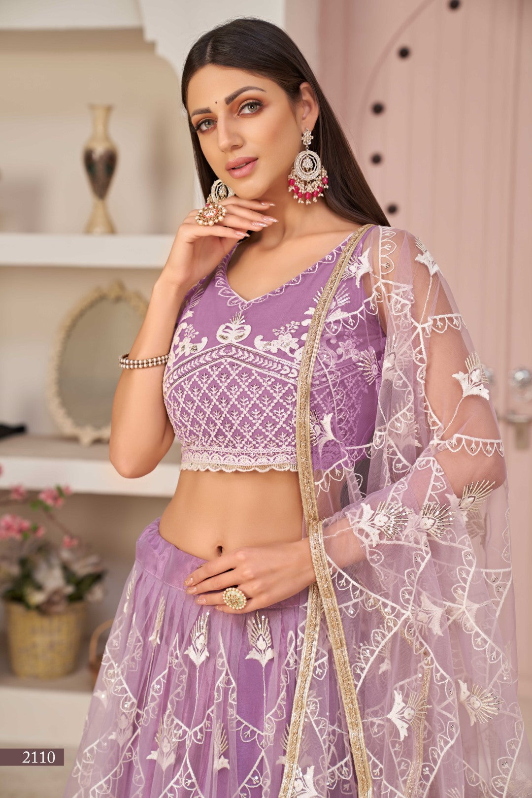 Women's Light Lavender Net Thread Embroidery Lehenga Set - Gruhnaree