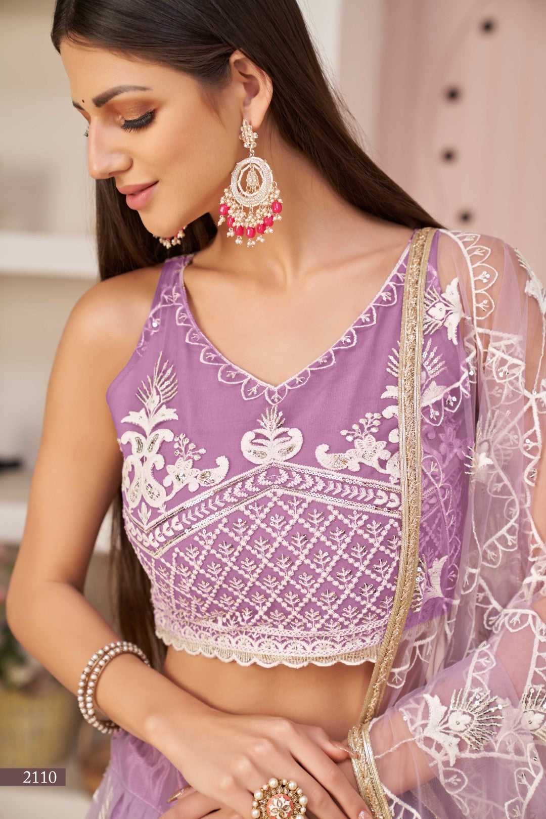 Women's Light Lavender Net Thread Embroidery Lehenga Set - Gruhnaree