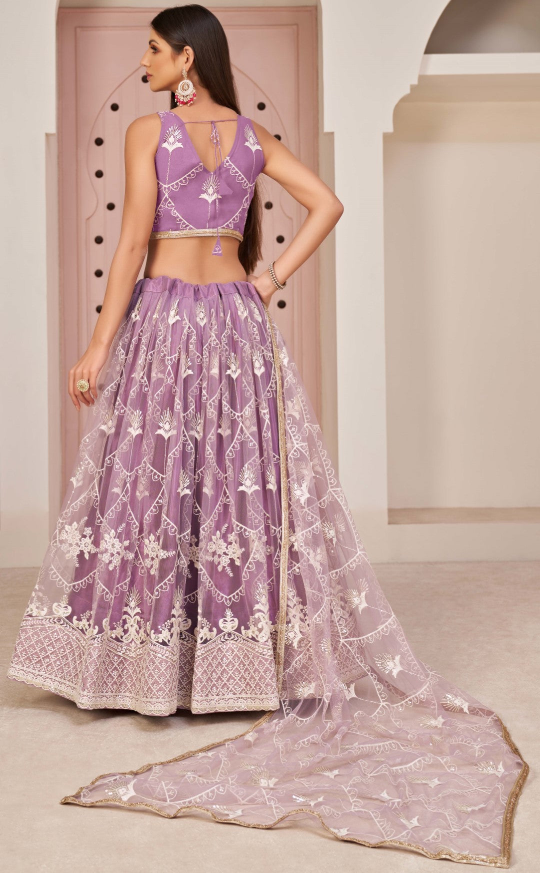 Women's Light Lavender Net Thread Embroidery Lehenga Set - Gruhnaree