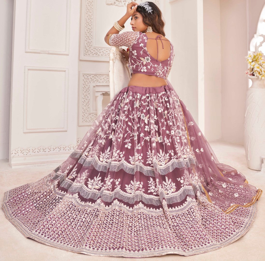 Women's Onion Pink Net Thread Embroidery Lehenga Set - Gruhnaree