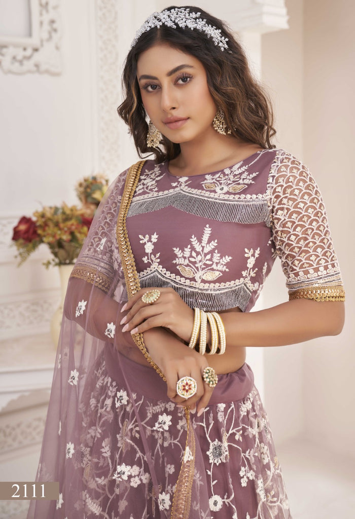 Women's Onion Pink Net Thread Embroidery Lehenga Set