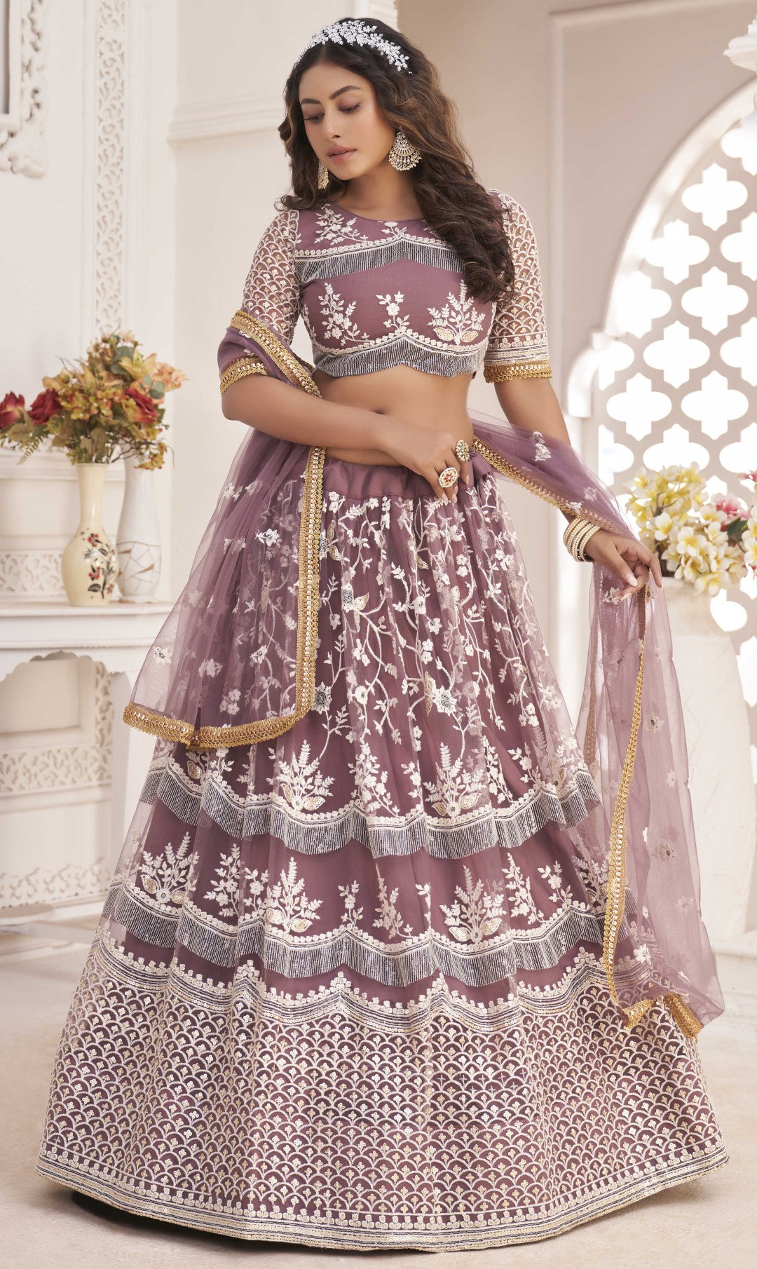 Women's Onion Pink Net Thread Embroidery Lehenga Set - Gruhnaree