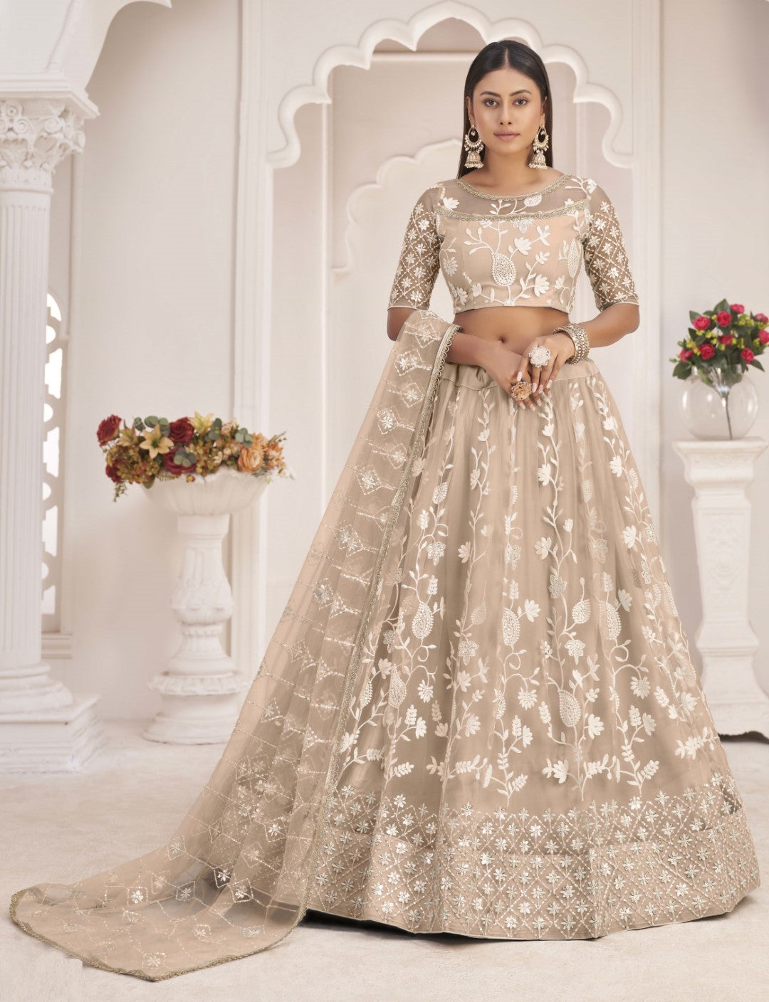 Women's Beige Net Thread Embroidery Lehenga Set - Gruhnaree