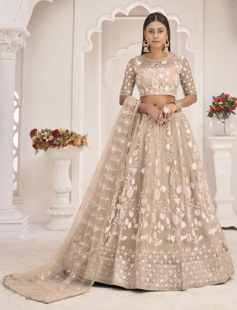 Women's Beige Net Thread Embroidery Lehenga Set