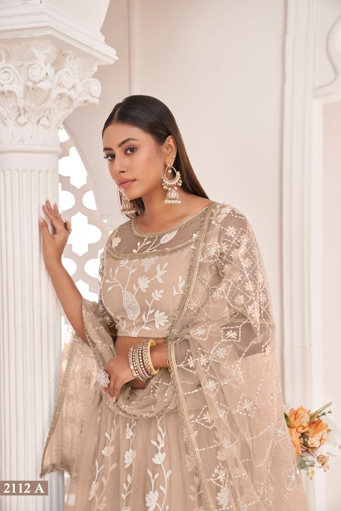 Women's Beige Net Thread Embroidery Lehenga Set