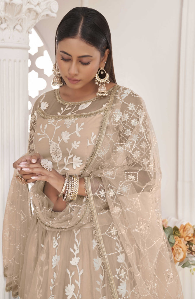 Women's Beige Net Thread Embroidery Lehenga Set