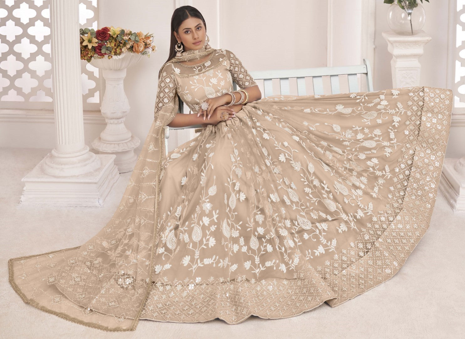 Women's Beige Net Thread Embroidery Lehenga Set - Gruhnaree