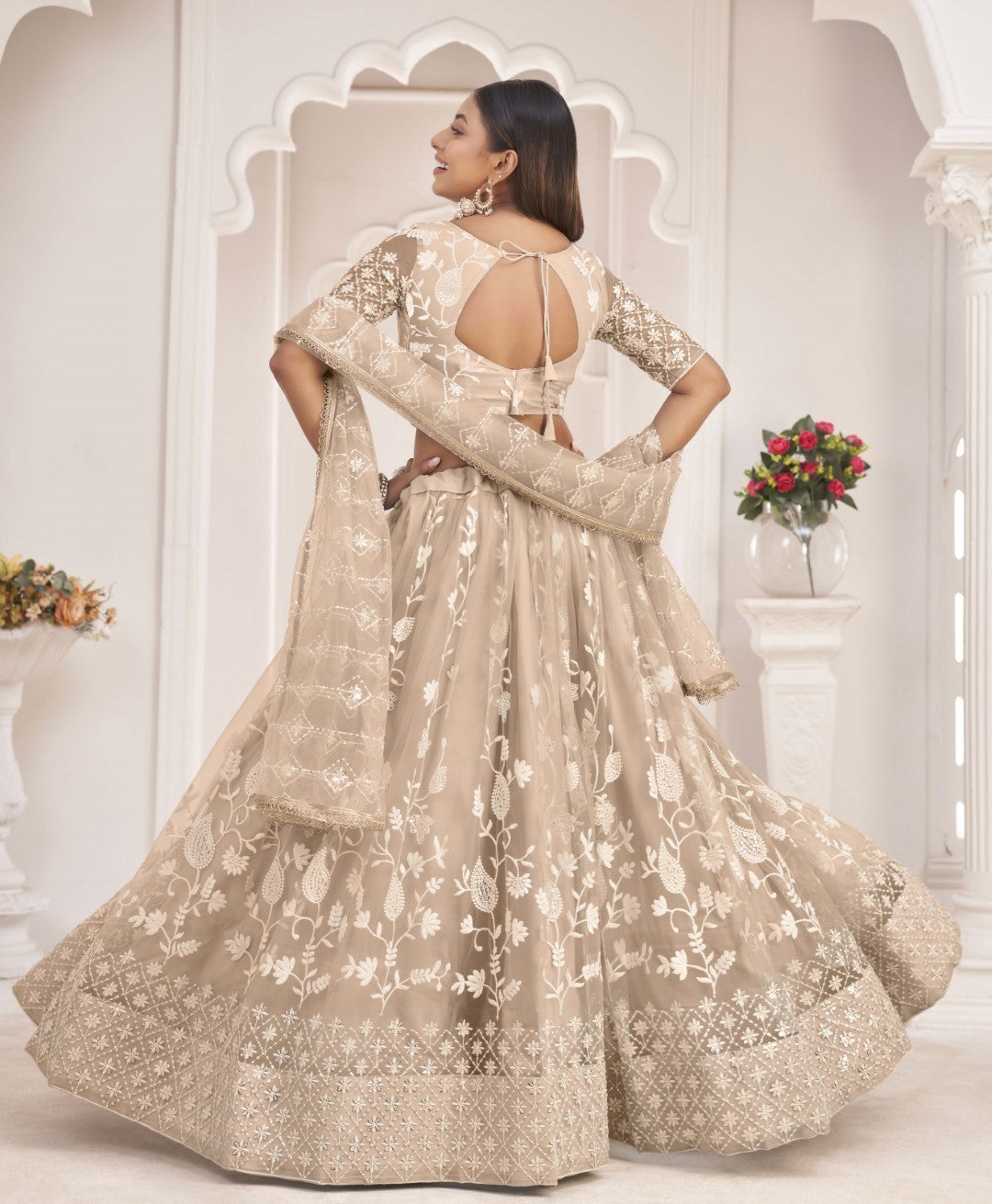 Women's Beige Net Thread Embroidery Lehenga Set - Gruhnaree