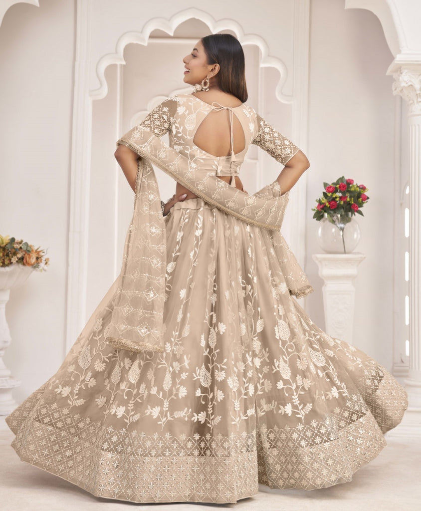 Women's Beige Net Thread Embroidery Lehenga Set