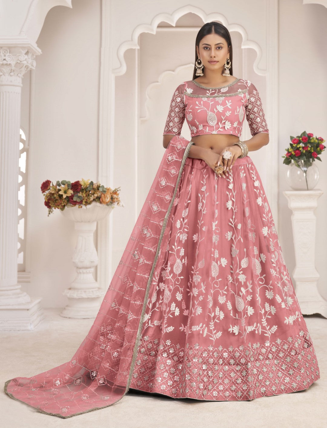 Women's Pink Net Thread Embroidery Lehenga Set - Gruhnaree