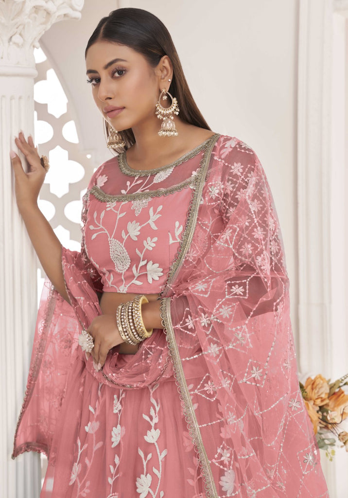 Women's Pink Net Thread Embroidery Lehenga Set