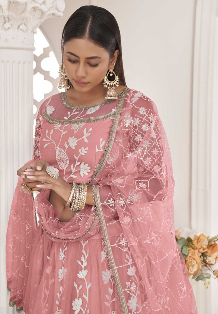 Women's Pink Net Thread Embroidery Lehenga Set