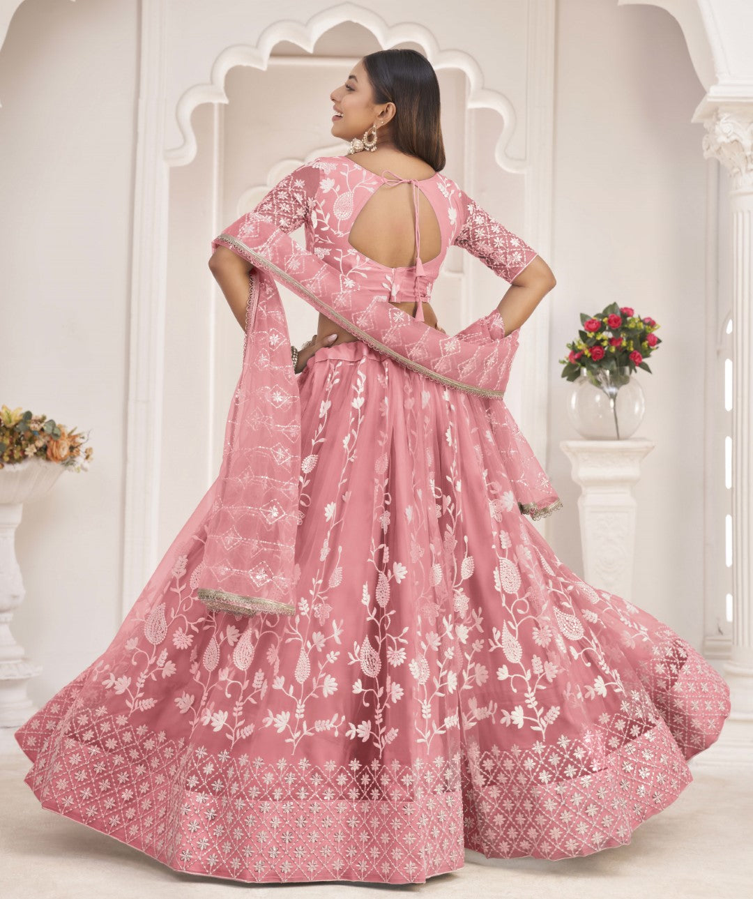 Women's Pink Net Thread Embroidery Lehenga Set - Gruhnaree