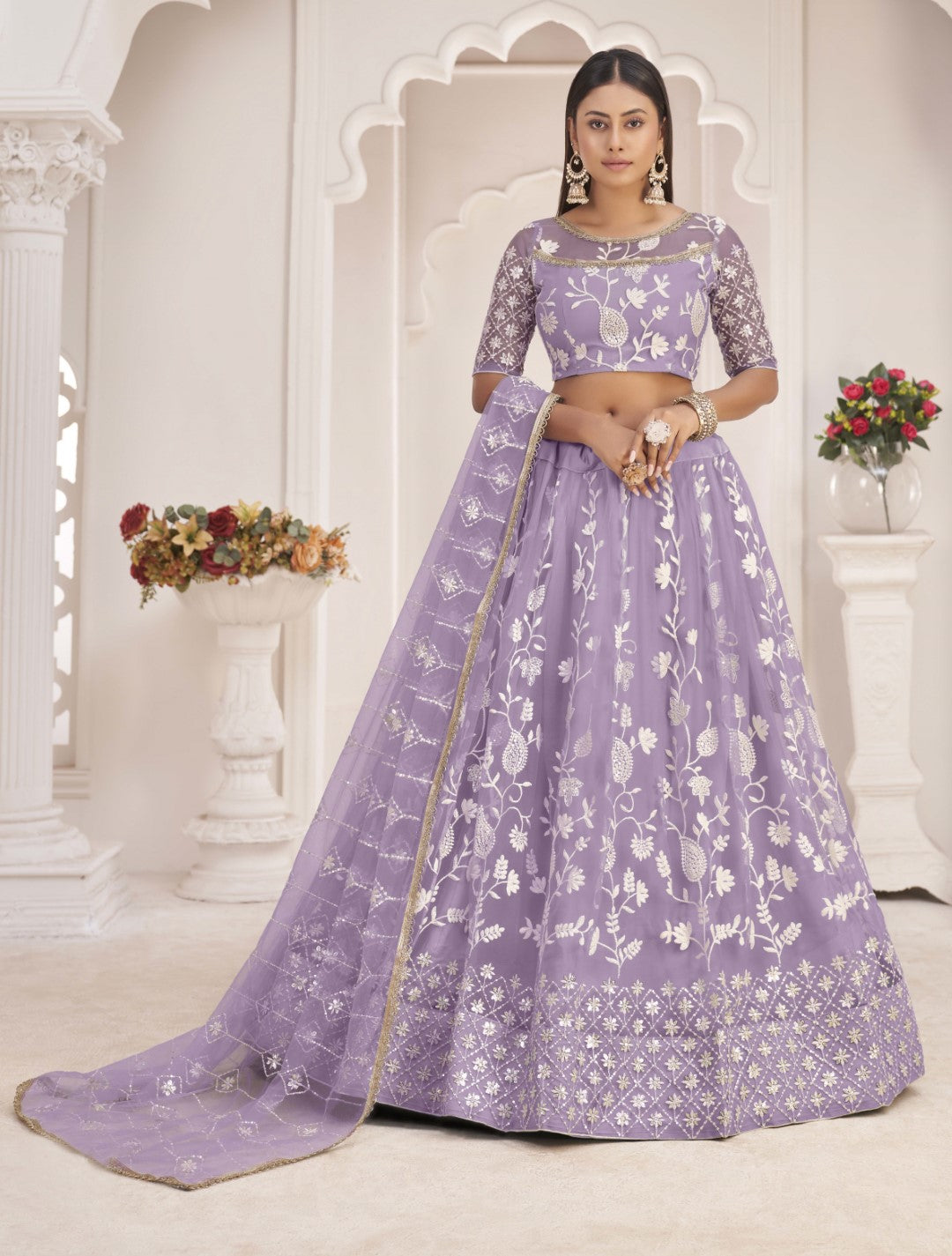 Women's Light Lavender Net Thread Embroidery Lehenga Set - Gruhnaree