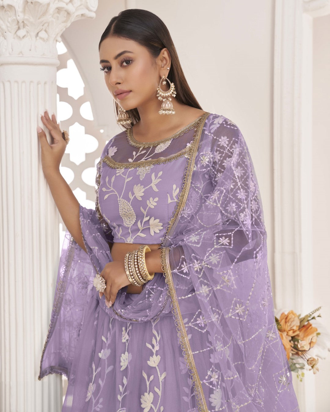 Women's Light Lavender Net Thread Embroidery Lehenga Set - Gruhnaree