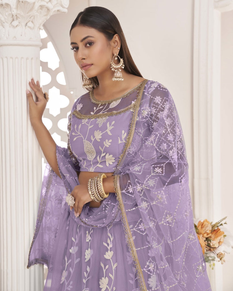 Women's Light Lavender Net Thread Embroidery Lehenga Set