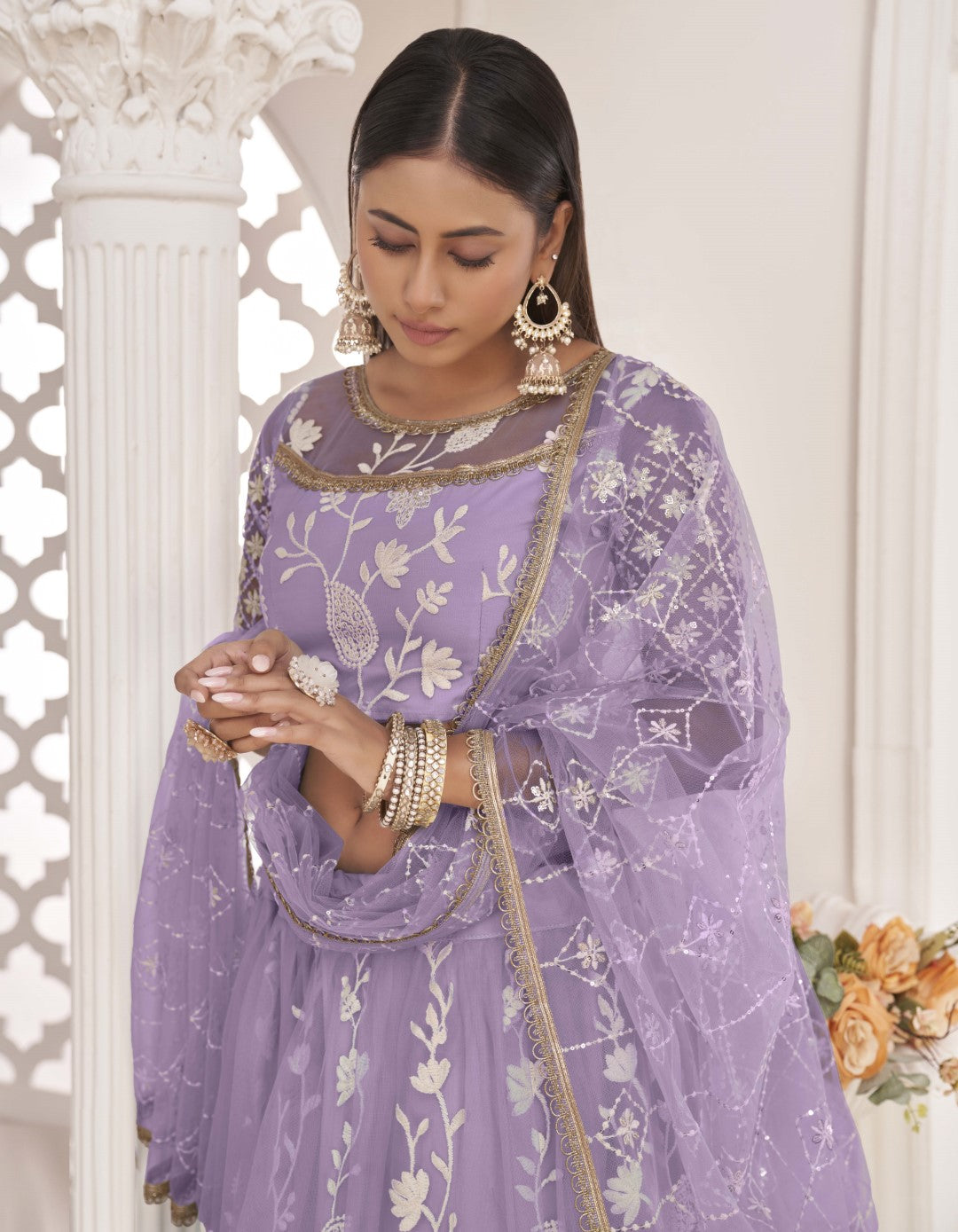 Women's Light Lavender Net Thread Embroidery Lehenga Set - Gruhnaree