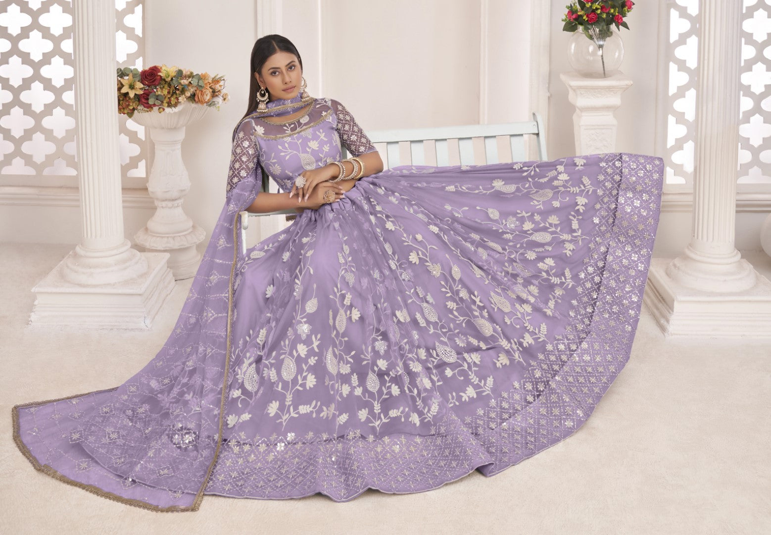 Women's Light Lavender Net Thread Embroidery Lehenga Set - Gruhnaree