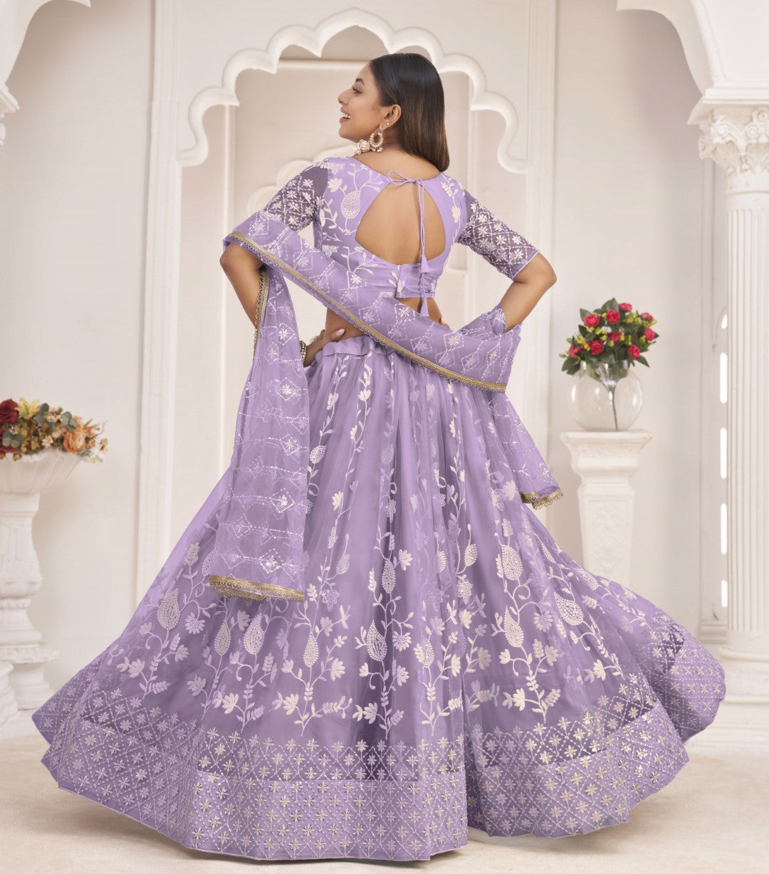 Women's Light Lavender Net Thread Embroidery Lehenga Set - Gruhnaree