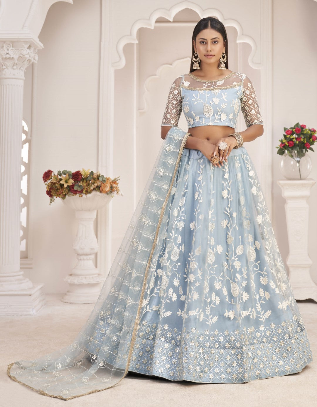 Women's Turquoise Net Thread Embroidery Lehenga Set - Gruhnaree