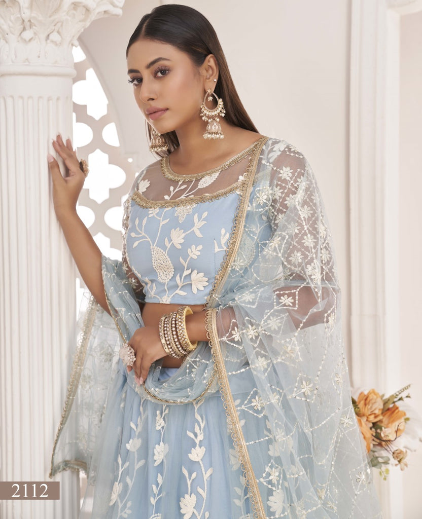 Women's Turquoise Net Thread Embroidery Lehenga Set