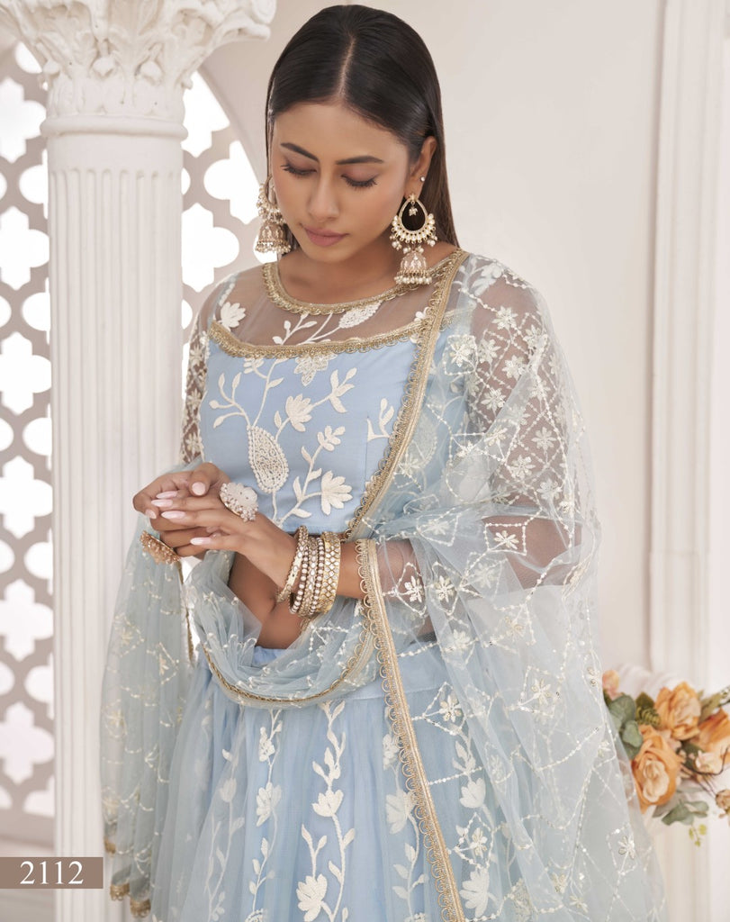 Women's Turquoise Net Thread Embroidery Lehenga Set
