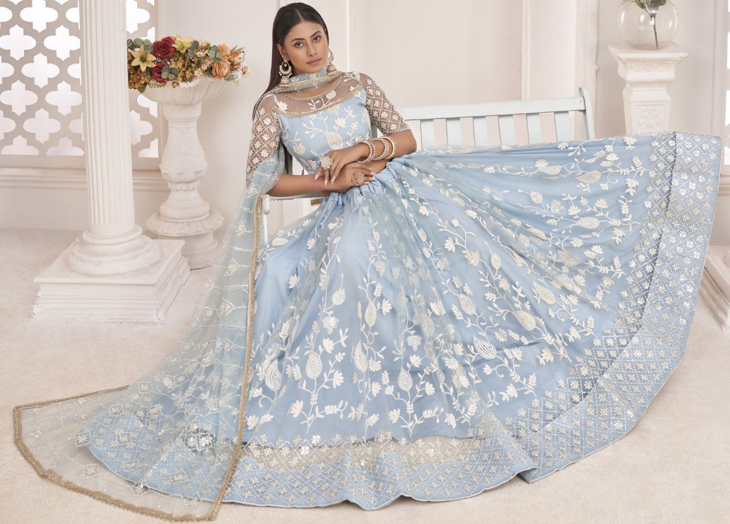 Women's Turquoise Net Thread Embroidery Lehenga Set - Gruhnaree