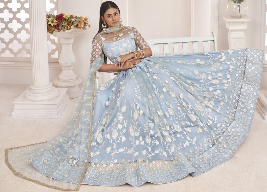 Women's Turquoise Net Thread Embroidery Lehenga Set