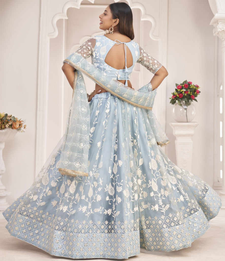 Women's Turquoise Net Thread Embroidery Lehenga Set