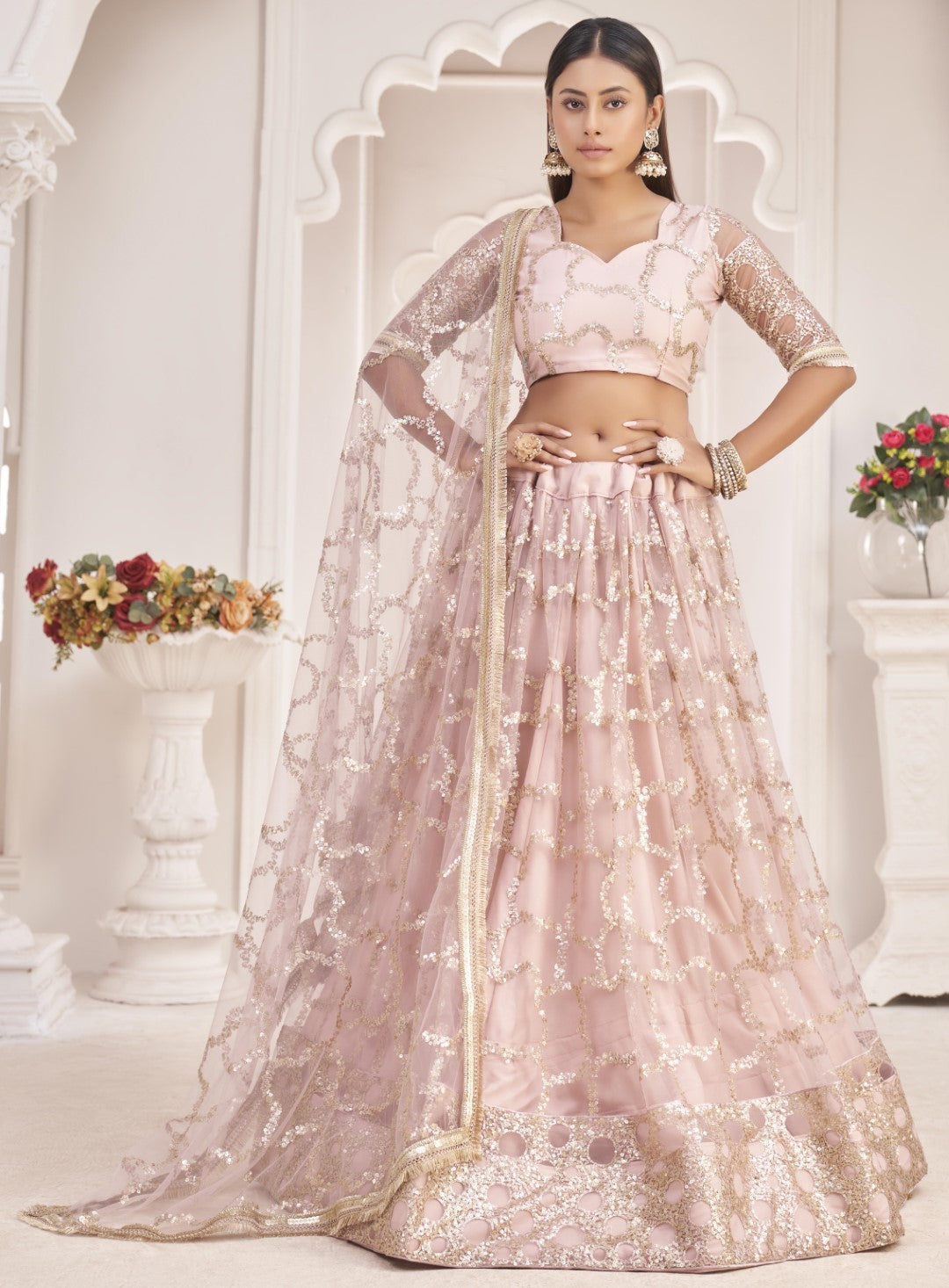 Women's Light Pink Net Thread Embroidery Lehenga Set - Gruhnaree