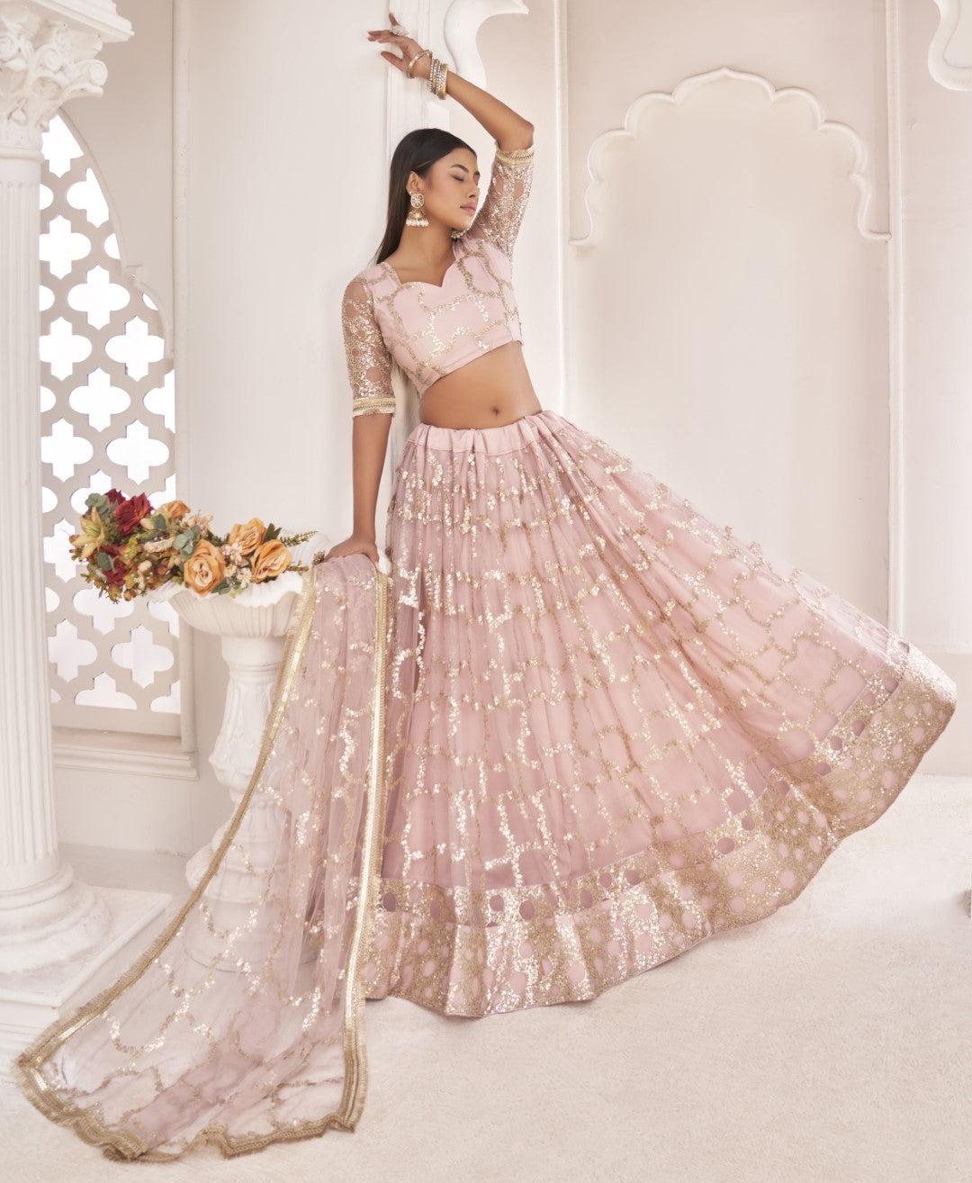 Women's Light Pink Net Thread Embroidery Lehenga Set - Gruhnaree