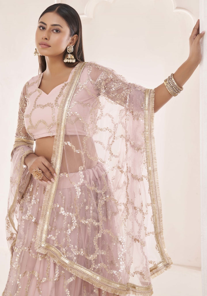 Women's Light Pink Net Thread Embroidery Lehenga Set
