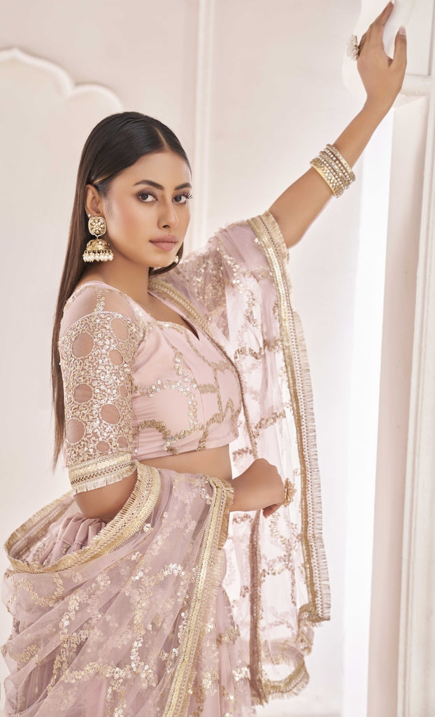 Women's Light Pink Net Thread Embroidery Lehenga Set