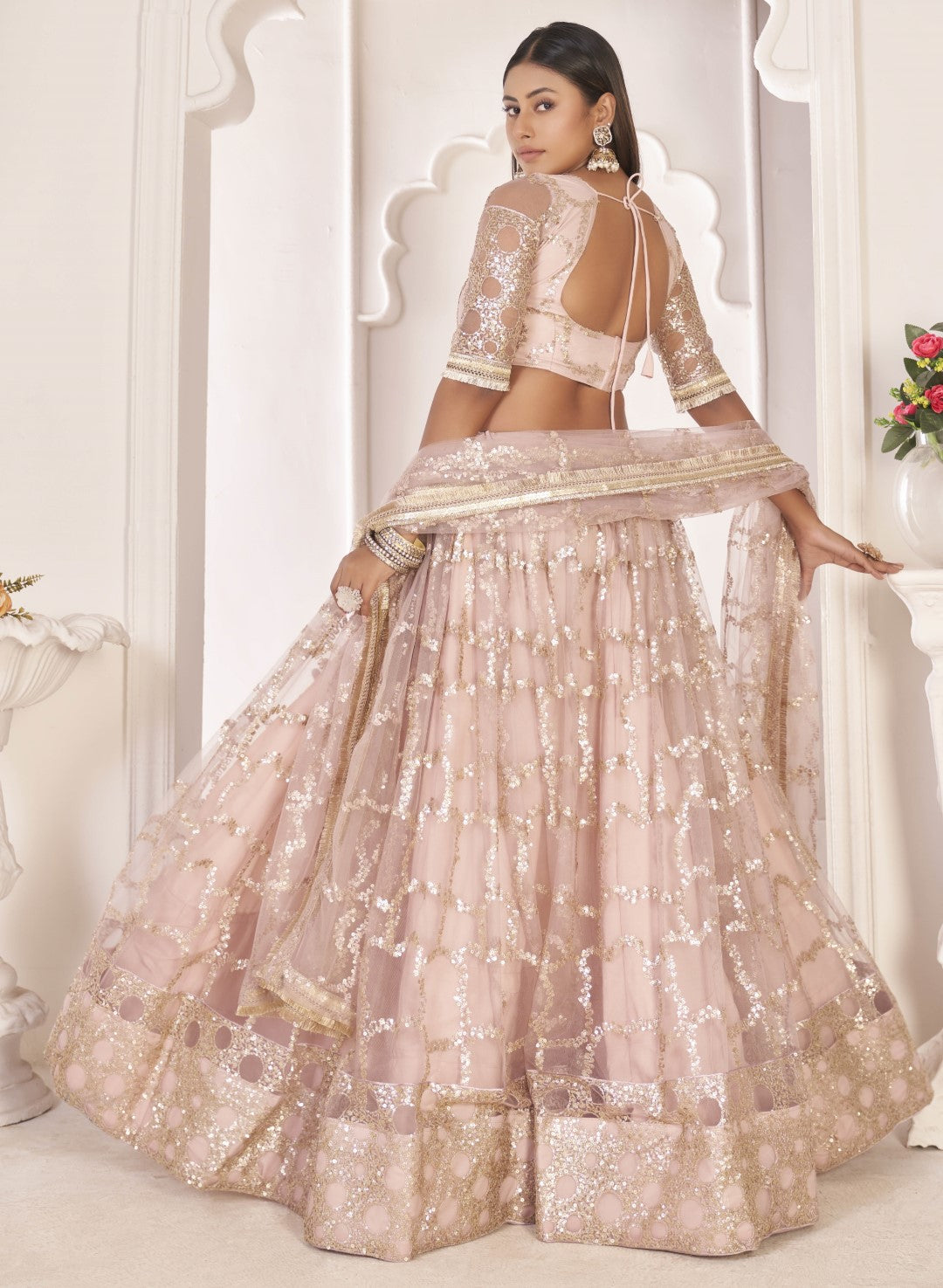 Women's Light Pink Net Thread Embroidery Lehenga Set - Gruhnaree