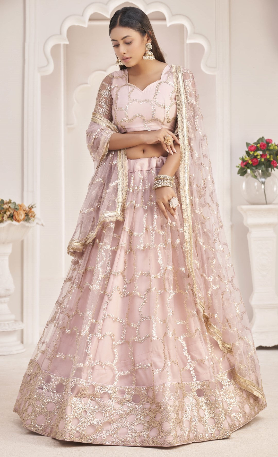 Women's Light Pink Net Thread Embroidery Lehenga Set - Gruhnaree