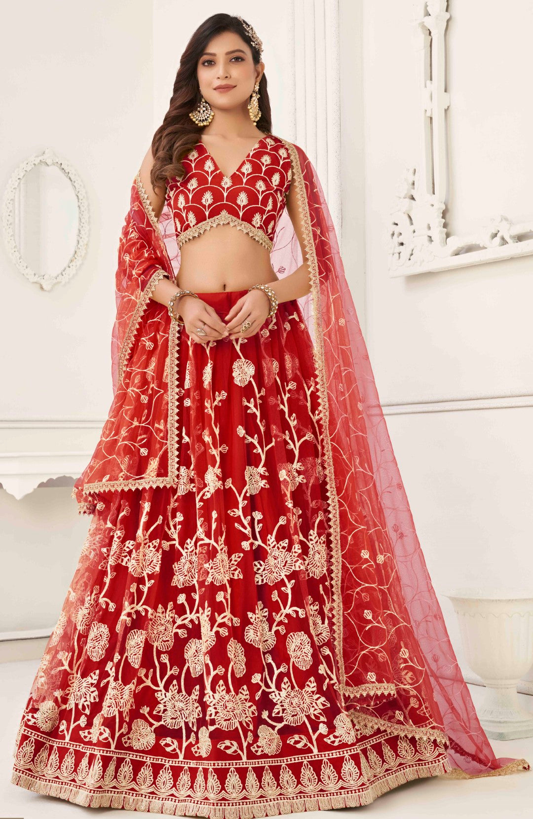 Women's Red Net Thread Embroidery Lehenga Set - Gruhnaree