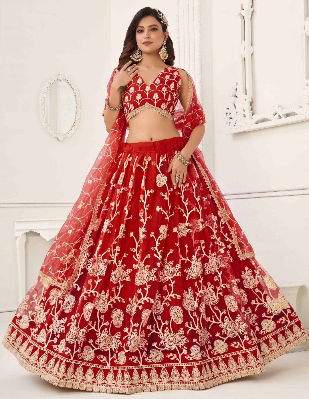 Women's Red Net Thread Embroidery Lehenga Set - Gruhnaree