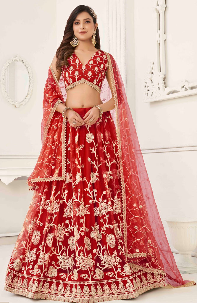 Women's Red Net Thread Embroidery Lehenga Set