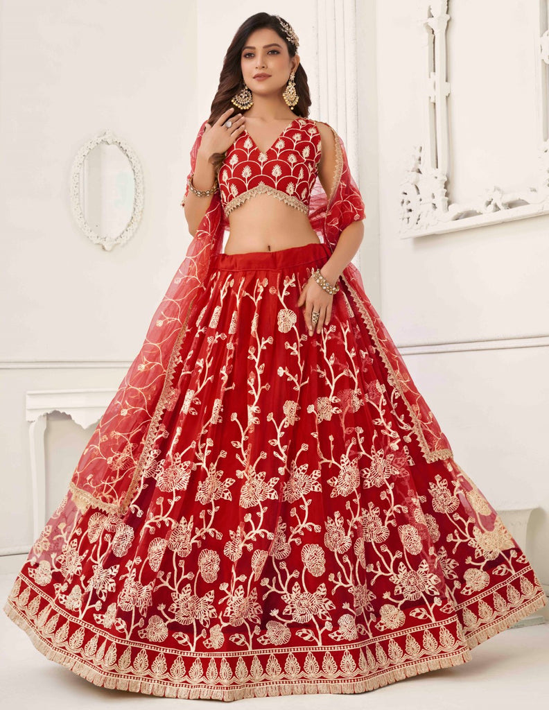 Women's Red Net Thread Embroidery Lehenga Set
