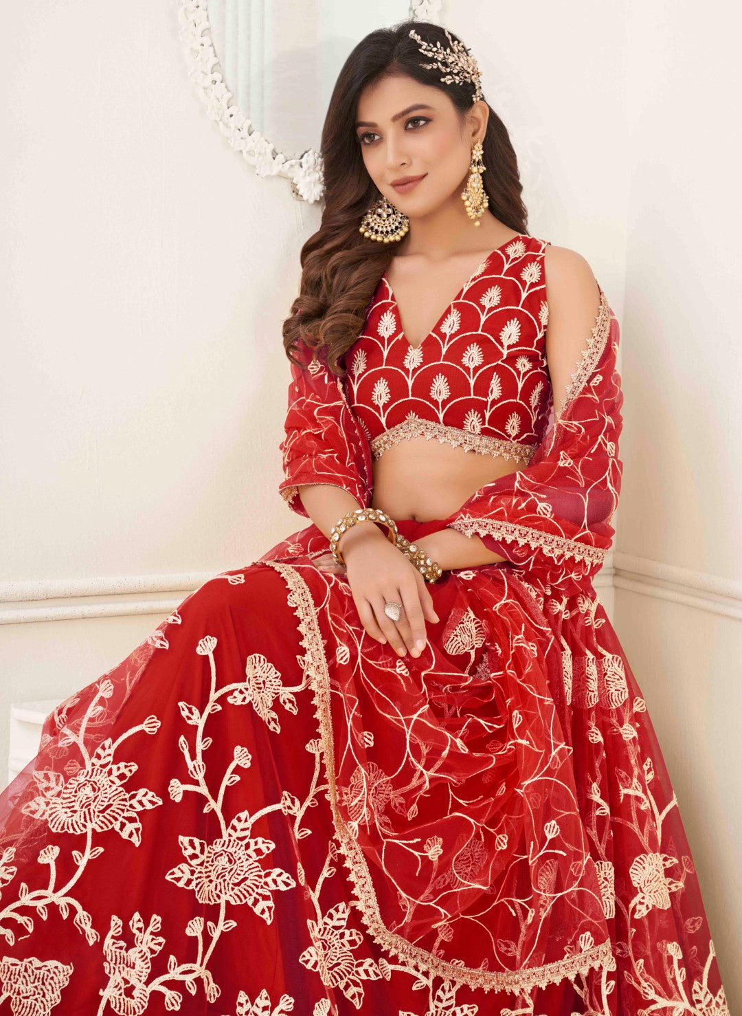 Women's Red Net Thread Embroidery Lehenga Set - Gruhnaree